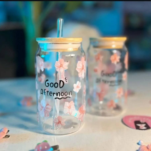 Good Evening Pink Flower Glass Jar with Bamboo Lid & Glass Straw – 500ml