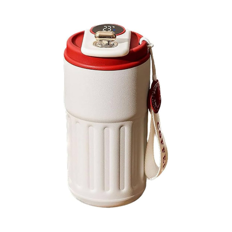 Smart LED Coffee Thermos with Temperature Display, 450ML - Red Lid
