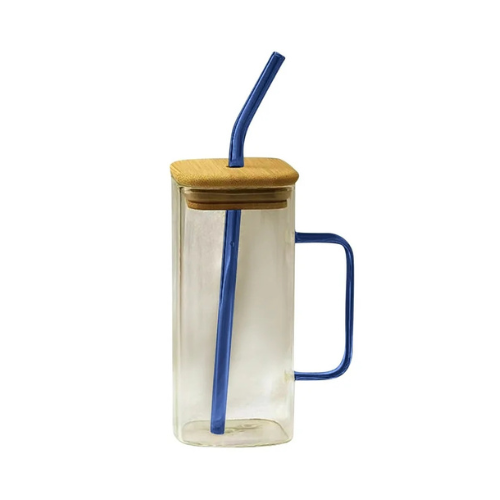 Square Glass blue handle & Straw Juice cup with Wooden led & Straw -400ml