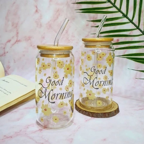 Good Morning Yellow Flower Glass Jar with Bamboo Lid & Glass Straw – 500ml