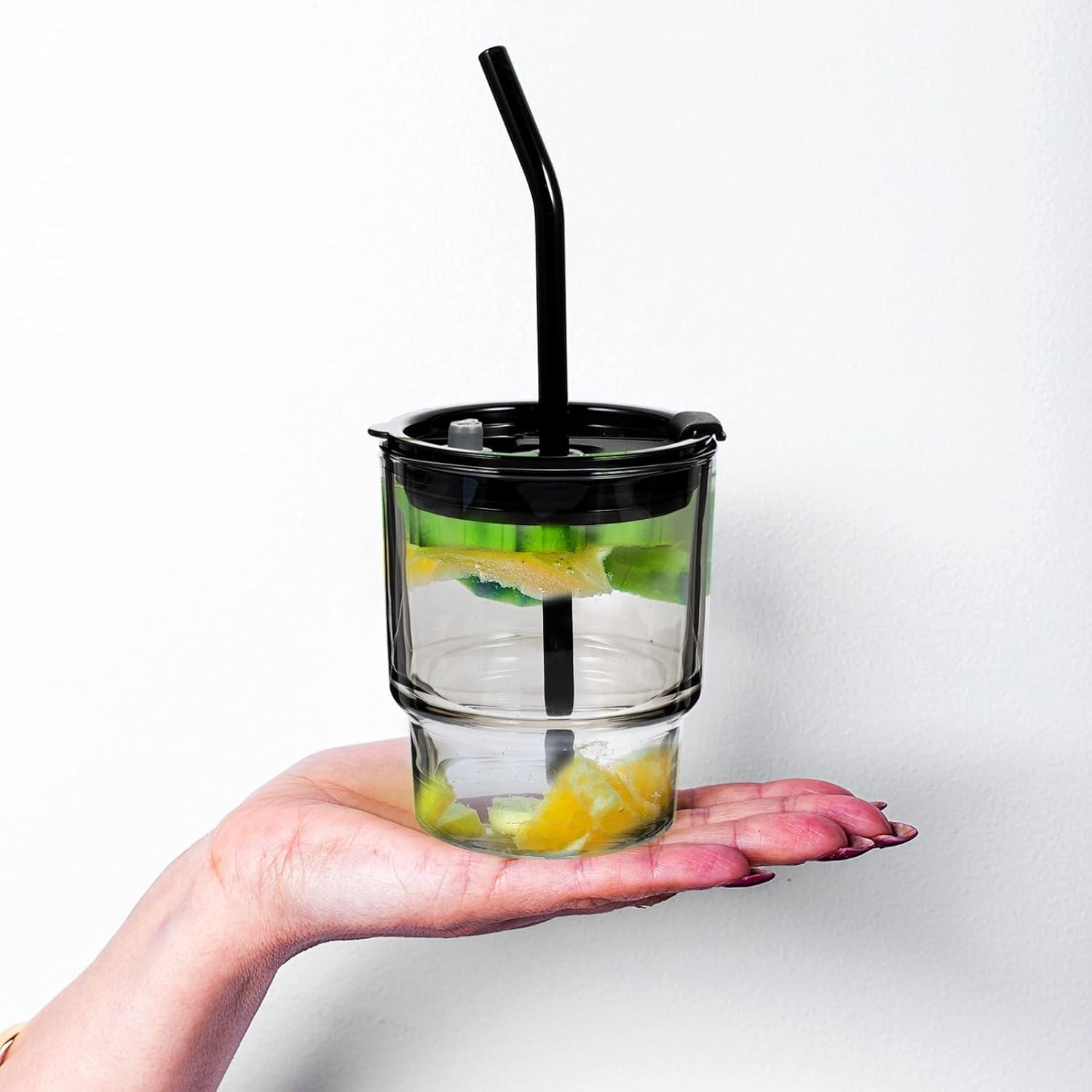 Juice Glass Mug with lid & straw -320ml (Green Lid)