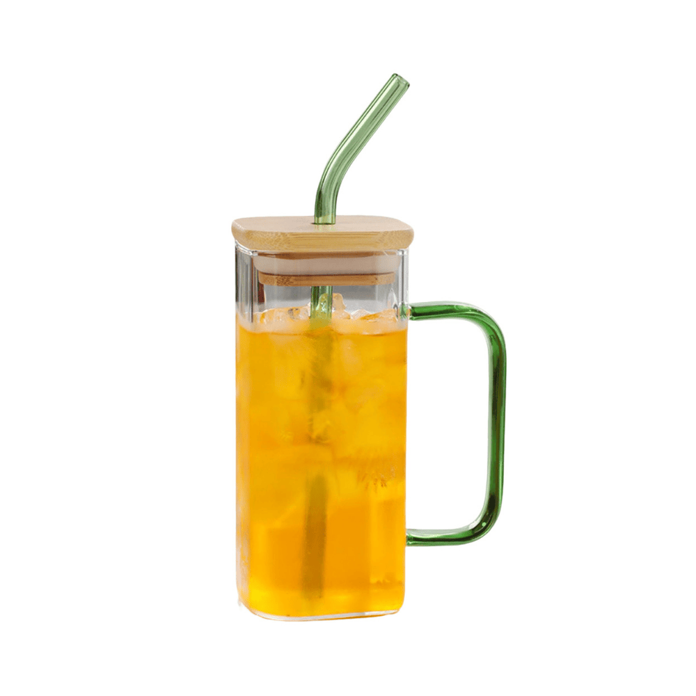 Square Glass Green handle & Straw  - 400ml